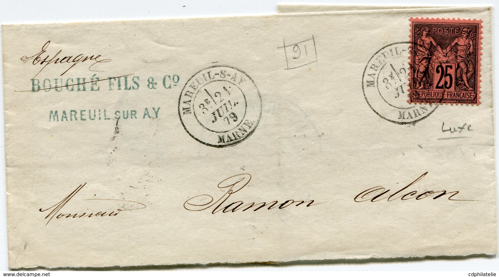 FRANCE N°91  25c NOIR SUR ROUGE (II) LUXE SUR FRAGMENT OBLITERATION MAREUIL-S-AY 21 JUIL 79 MARNE - 1876-1898 Sage (Tipo II)