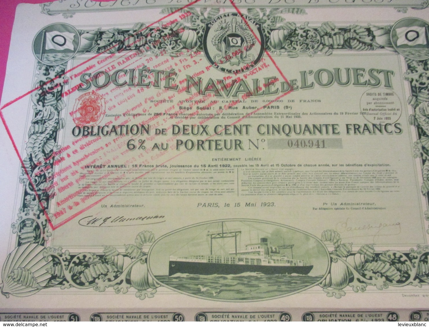 Obligation De 250 Francs 6 % Au Porteur Entièrement Libérée / Société Navale De L'Ouest /  /Paris /1923    ACT229 - Navigation