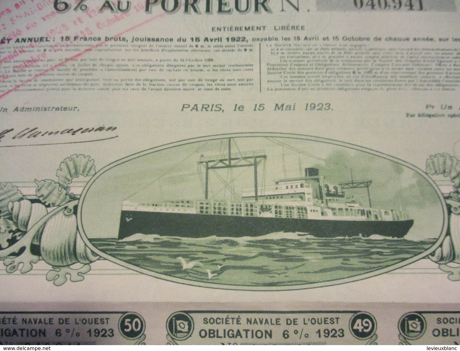 Obligation De 250 Francs 6 % Au Porteur Entièrement Libérée / Société Navale De L'Ouest /  /Paris /1923    ACT229 - Navigation