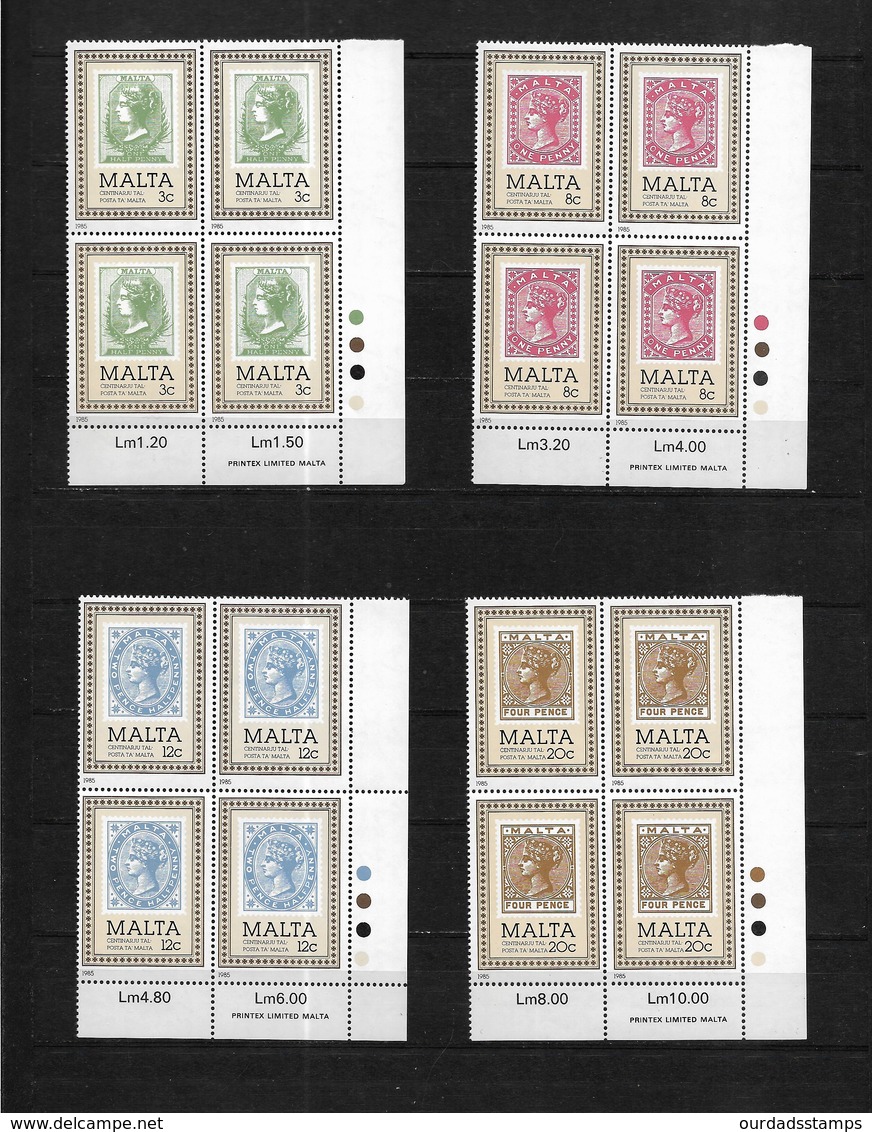 Malta, 1985 Stamp Centenary, Complete Set In Corner Blocks Of Four (7446) - Malta