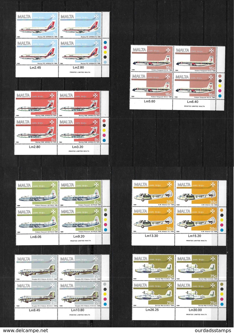 Malta, 1984 Aircraft, Complete Set In MNH Corner Blocks Of Four (7450) - Malta