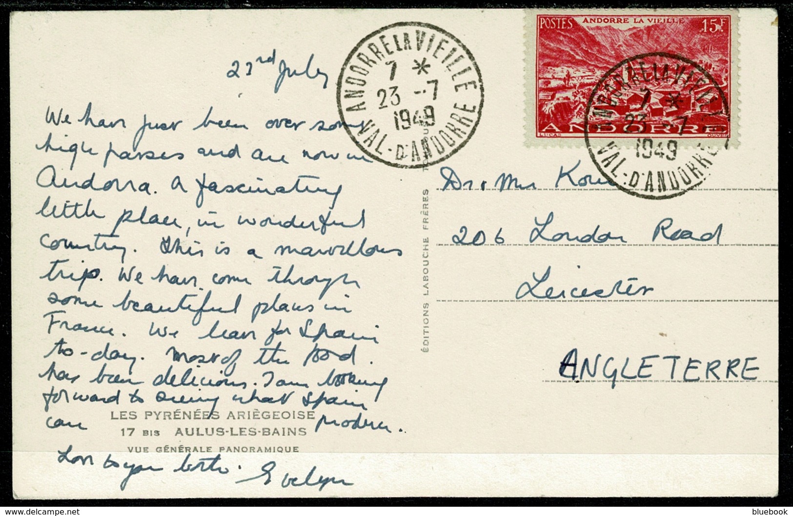 Ref 1273 - 1949 Postcard - Super Andorra La Vieille Postmark - 15f Rate To Leicester UK - Covers & Documents