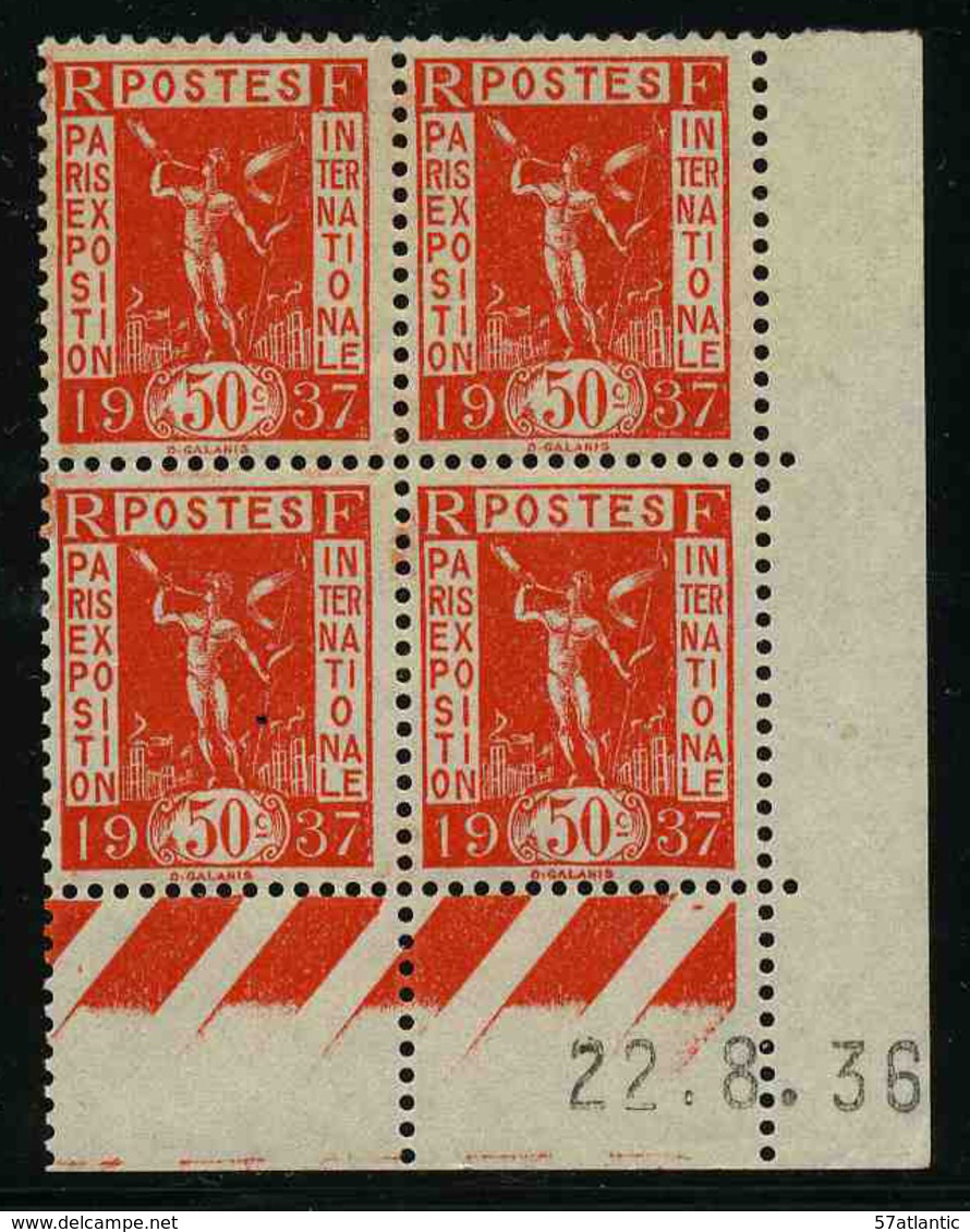 FRANCE - YT 325 ** - BLOC DE 4 TIMBRES NEUFS ** AVEC COIN DATE - 1930-1939