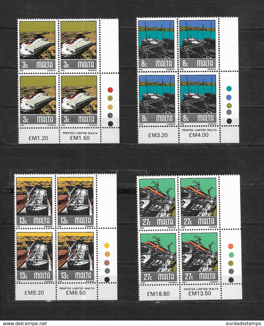 Malta, 1982 Shipbuilding, Complete Set In MNH Corner Blocks Of Four (7458) - Malta