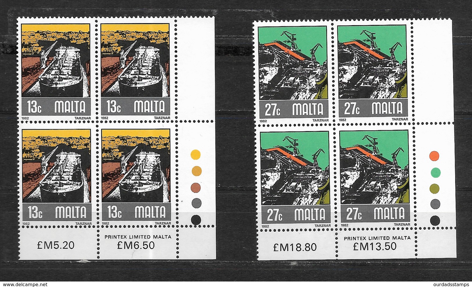 Malta, 1982 Shipbuilding, Complete Set In MNH Corner Blocks Of Four (7458) - Malta