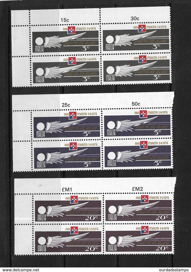 Malta, 1974 Air Malta Complete Set In MNH Corner Blocks Of Four (7462) - Malta