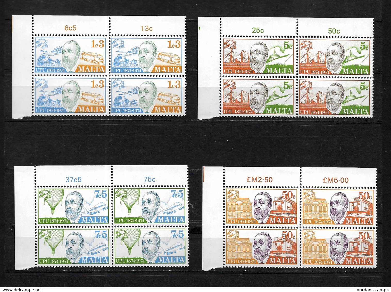 Malta, 1974 UPU Centenary Complete Set In MNH Corner Blocks Of Four (7463) - Malta