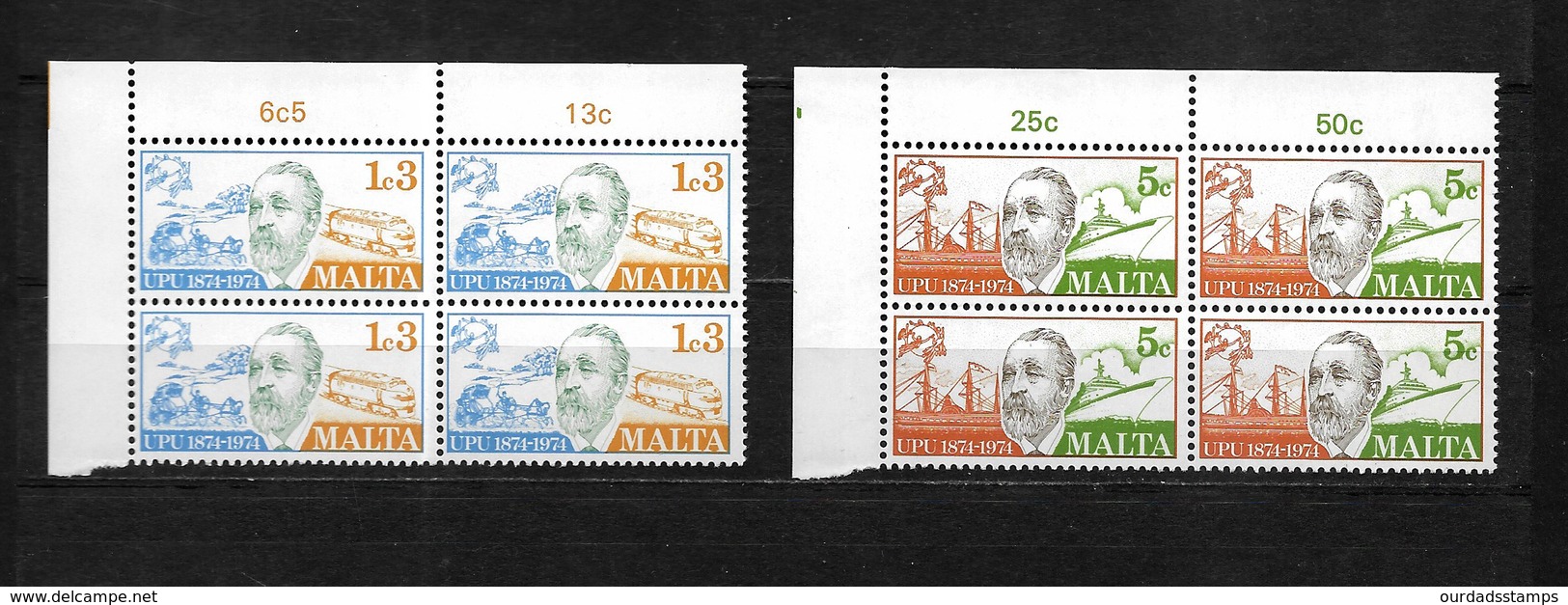 Malta, 1974 UPU Centenary Complete Set In MNH Corner Blocks Of Four (7463) - Malta