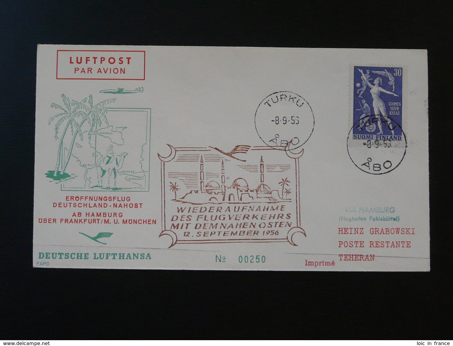 Lettre Premier Vol First Flight Cover 1956 Turku Finland ---> Hamburg--> Teheran Iran Lufthansa (ref 91374) - Lettres & Documents