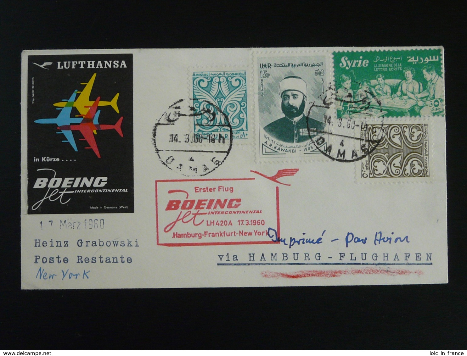 Lettre Premier Vol First Flight Cover 1960 Damas Syrie --> New York Lufthansa (ref 92711) - Syrie