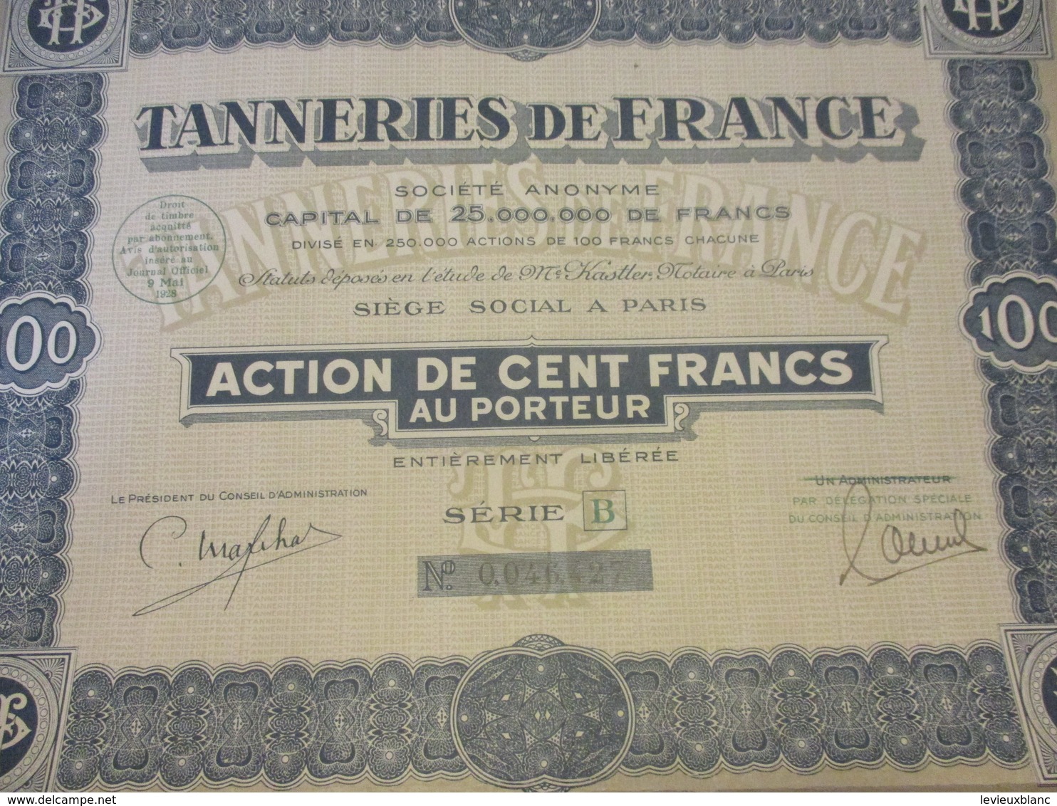 Action  De 100 Francs Au Porteur Entièrement Libérée/Tanneries De France  /Paris /1928    ACT226 - Industrie
