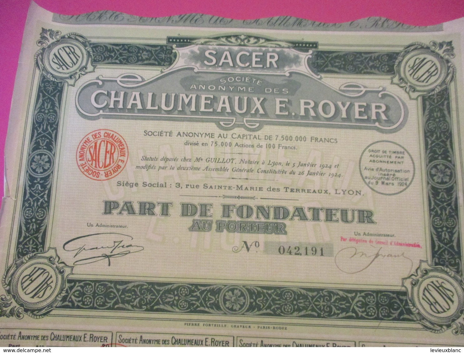 Part De Fondateur Au Porteur /SACER/ Société Anonyme Des Chalumeaux E Royer/LYON /1924    ACT230 - Industrial