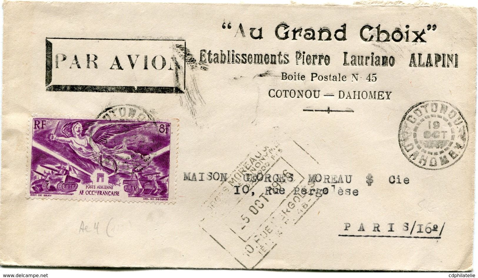 DAHOMEY LETTRE PAR AVION DEPART COTONOU 19 OCT 1946 DAHOMEY POUR LA FRANCE - Lettres & Documents