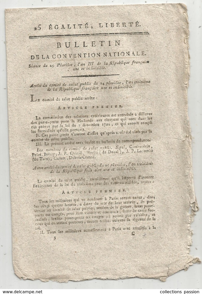 Bulletin De La Convention Nationale,l'an III, Passe-ports Pour La Hollande, 8 Pages , Frais Fr 1.95 E - Gesetze & Erlasse