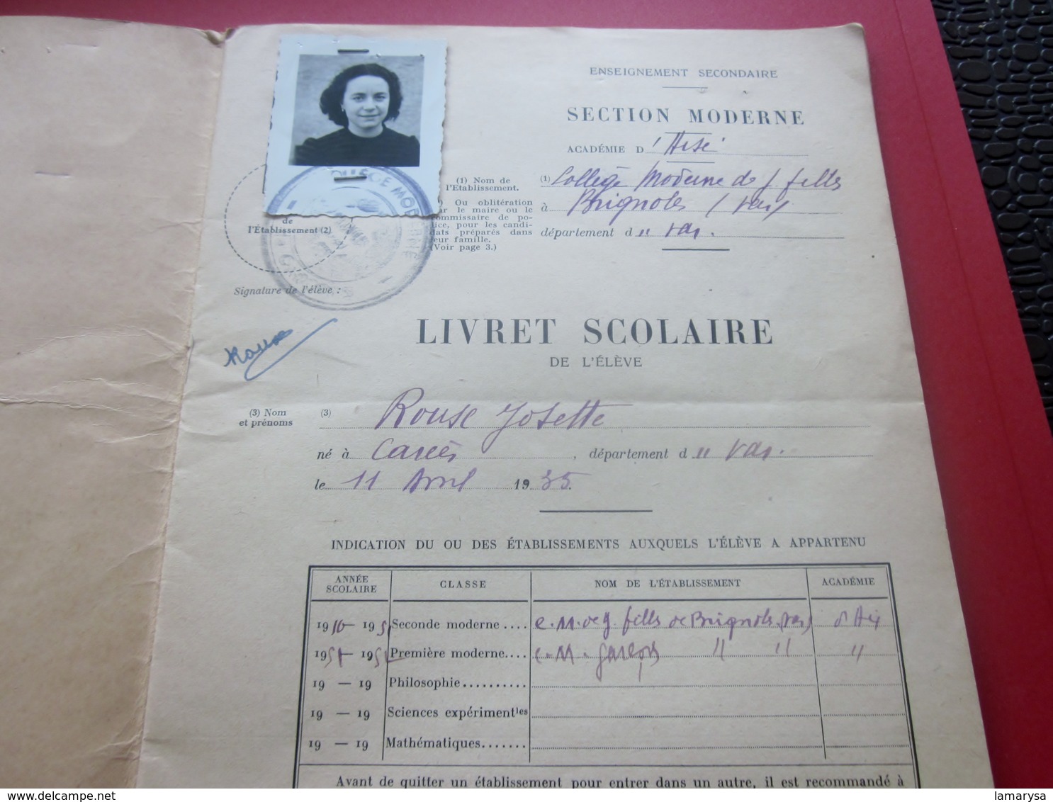 1950 Livret Scolaire Josette Roux Place L'église Carcés Var Née 1935 Cours épreuve Baccalauréat Philosophie+fiche Photo - Diplômes & Bulletins Scolaires