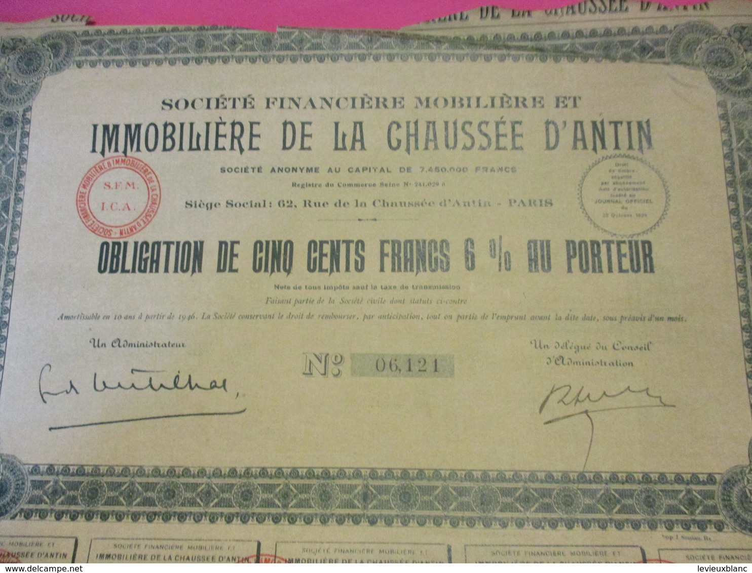 Obligation De 500 Francs 6%  Au Porteur/Sté Financiére Mobiliére  Et Immobiliére De La La CHAUSSEE D'ANTIN/1929  ACT234 - Banque & Assurance