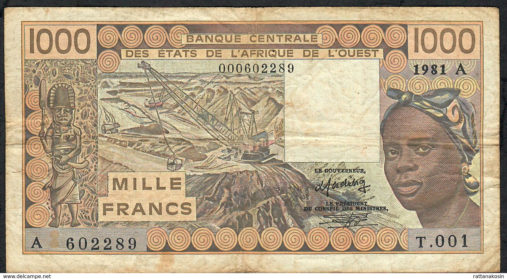 W.A.S. IVORY COAST P107Aa1  1000 FRANCS 1981 FIRST ALPHABET #001  FINE+ NO P.h. - Elfenbeinküste (Côte D'Ivoire)