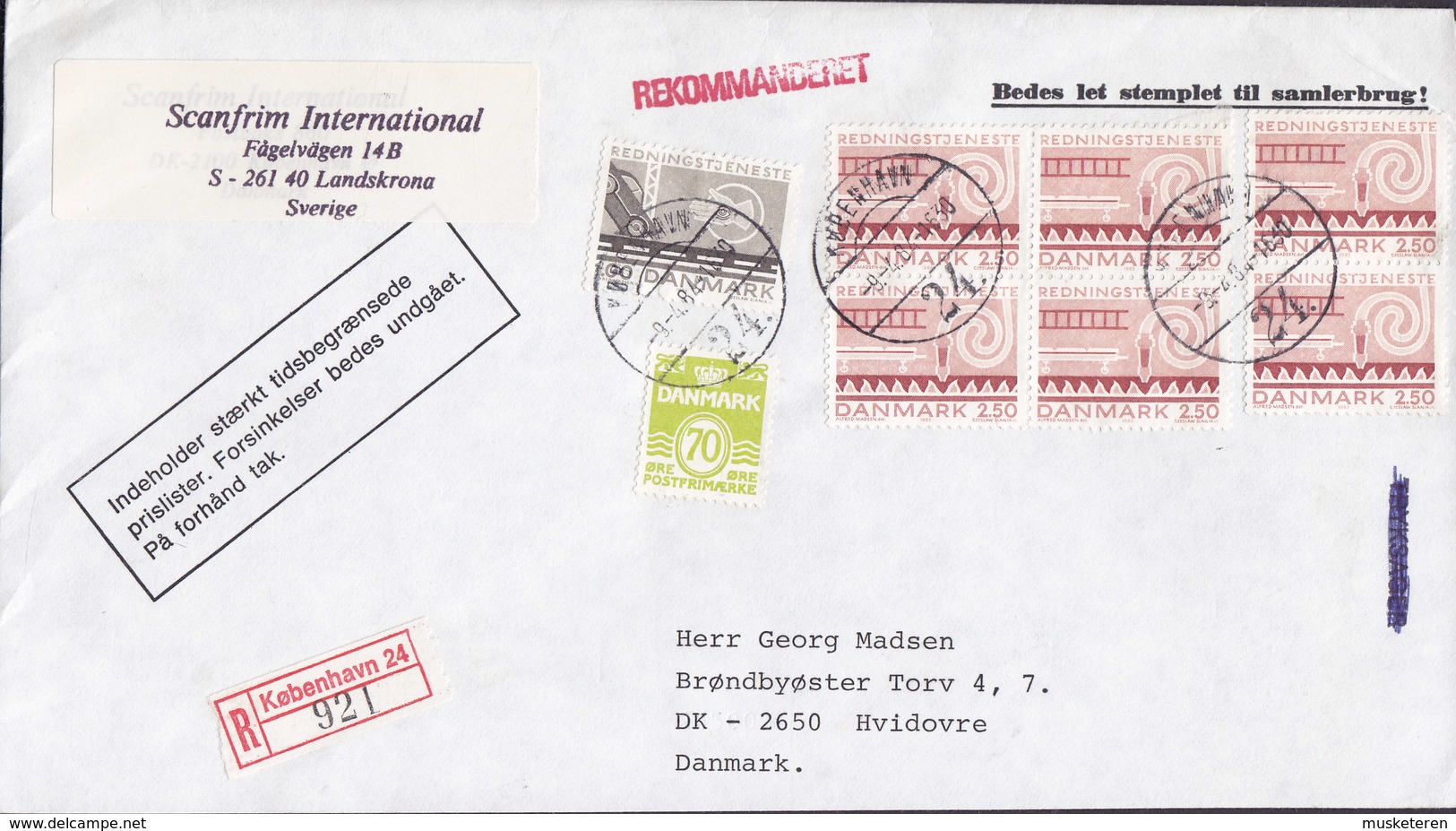 Denmark Registered Einschreiben Label KØBENHAVN 24 Brotype Vd KØBENHAVN (24.) 1984 Cover Brief Incl. 4-Block (Cz. Slania - Briefe U. Dokumente