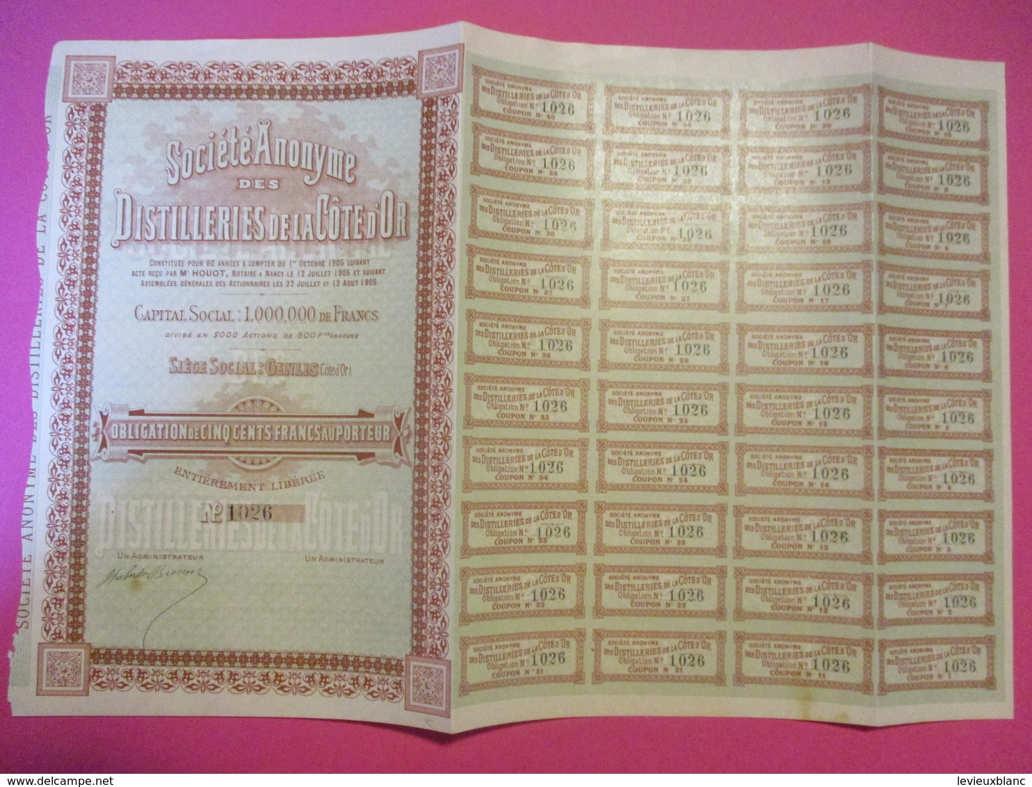 Obligation De 500 Francs Au Porteur Entièrement Libérée/Sté An. Des Distilleries De La Côte D'Or /GENLIS /1905    ACT233 - Industrial