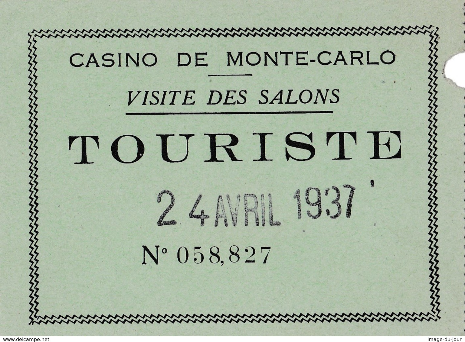 Ticket D'entrée Casino De Monte Carlo 1937 - Tickets D'entrée