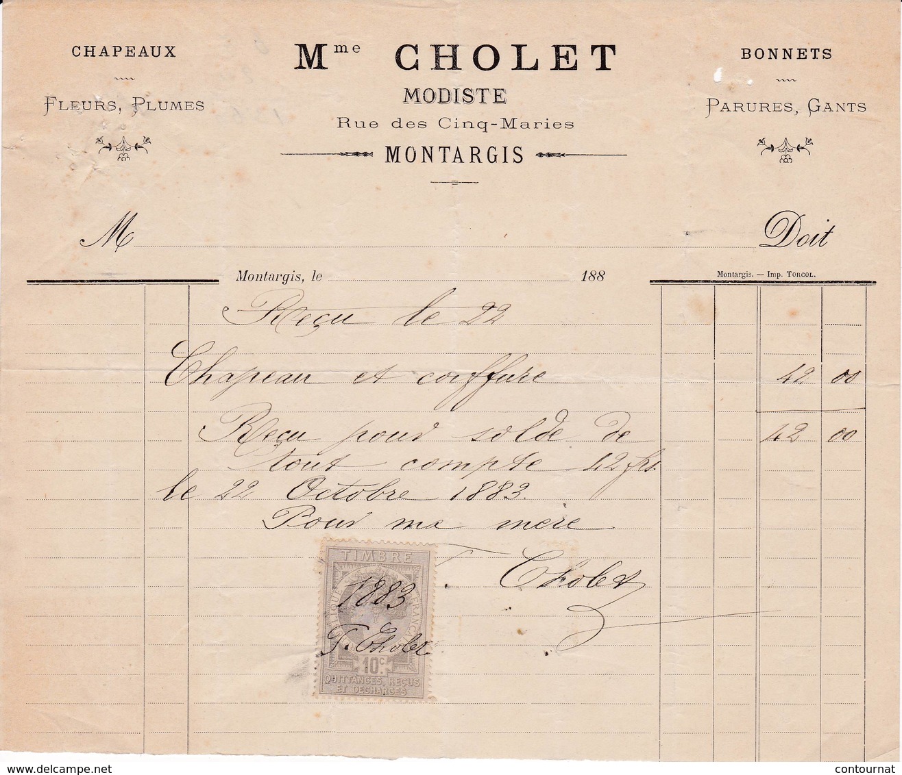 45 MONTARGIS FACTURE 1883  Modiste Chapeaux Mme CHOLET  - X26 Loiret - 1800 – 1899