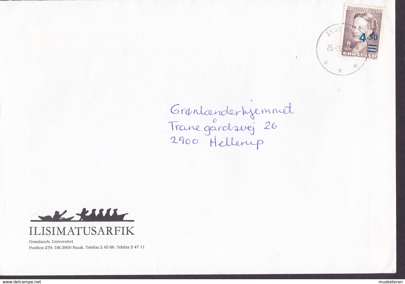 Greenland GRØNLANDS UNIVERSITET, NUUK 1996 Cover Brief HELLERUP Denmark 4.50 Auf 1.00 Kr Margrethe Provisorium - Briefe U. Dokumente