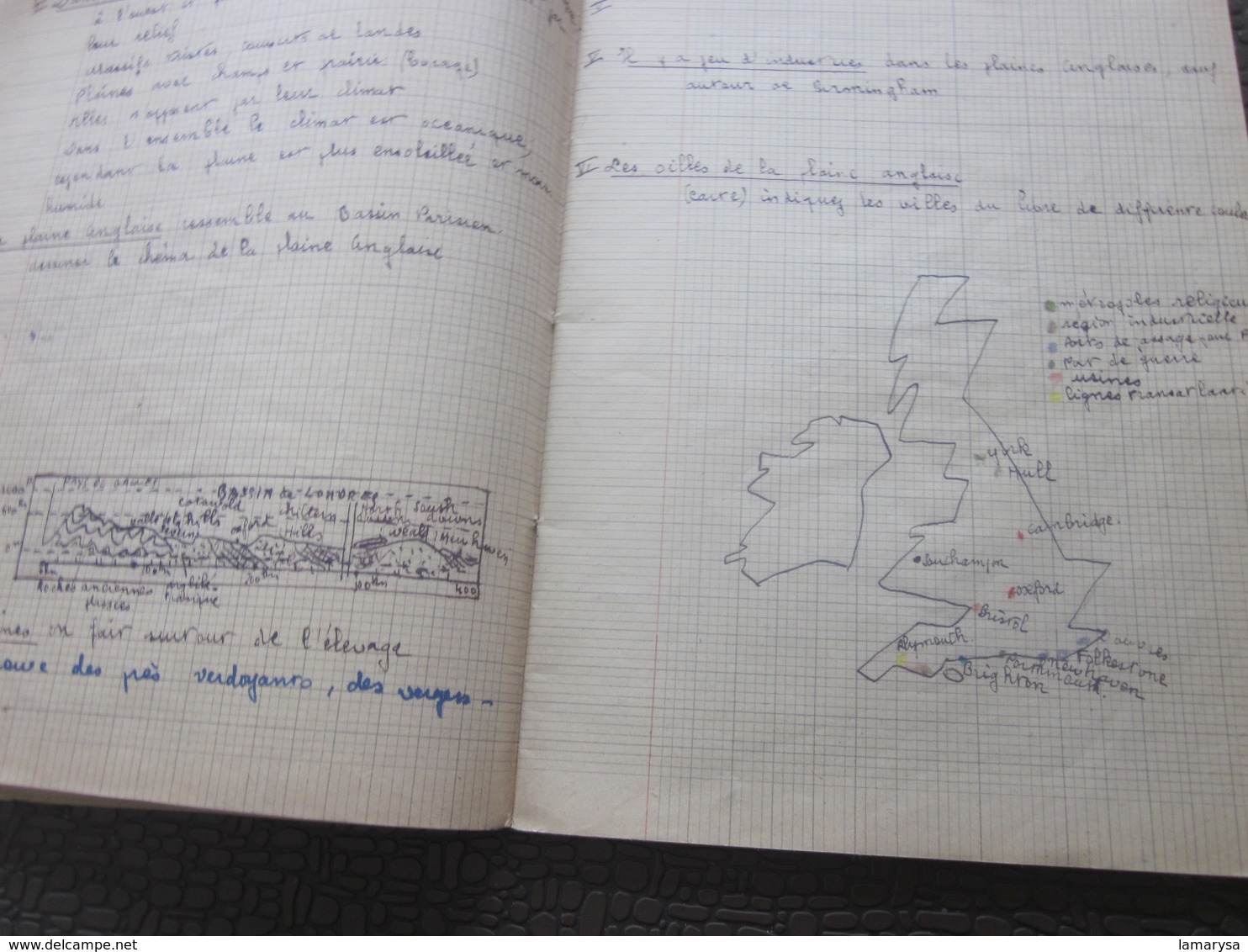 1948 Cahier Scolaire de Géographie Cartes déssinées écriture plume J. Roux Pce l'église Carcés Var Née 1935+Fiche photo