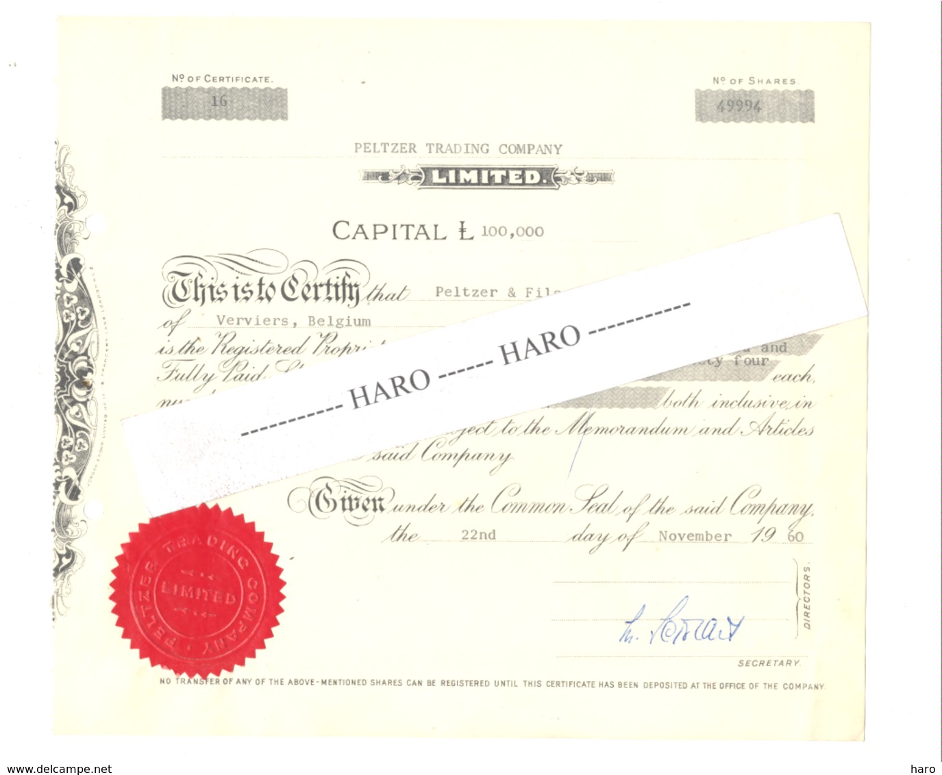 PELTZER TRADING COMPANY, Certificat De Possession De Parts - 1960 - VERVIERS Peltzer & Fils    (jm) - Altri & Non Classificati