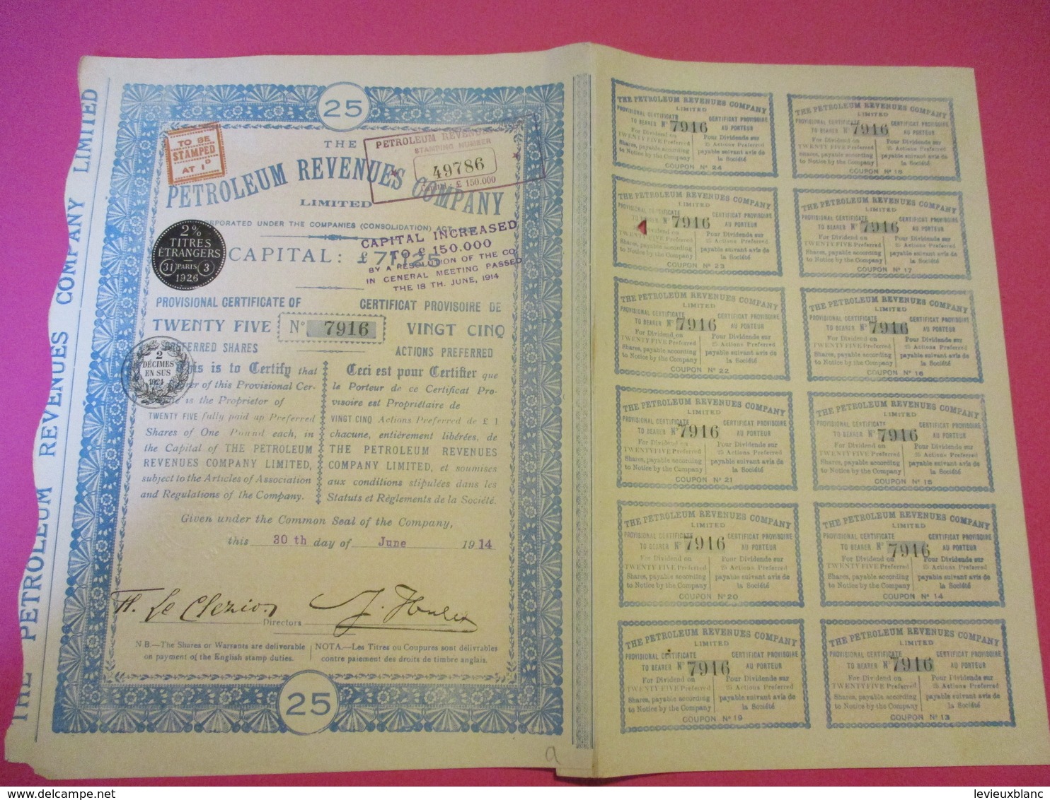 Certificat Provisoire De 25 Actions Preferred / Petroleum Revenues  Company/1914   ACT227 - Aardolie