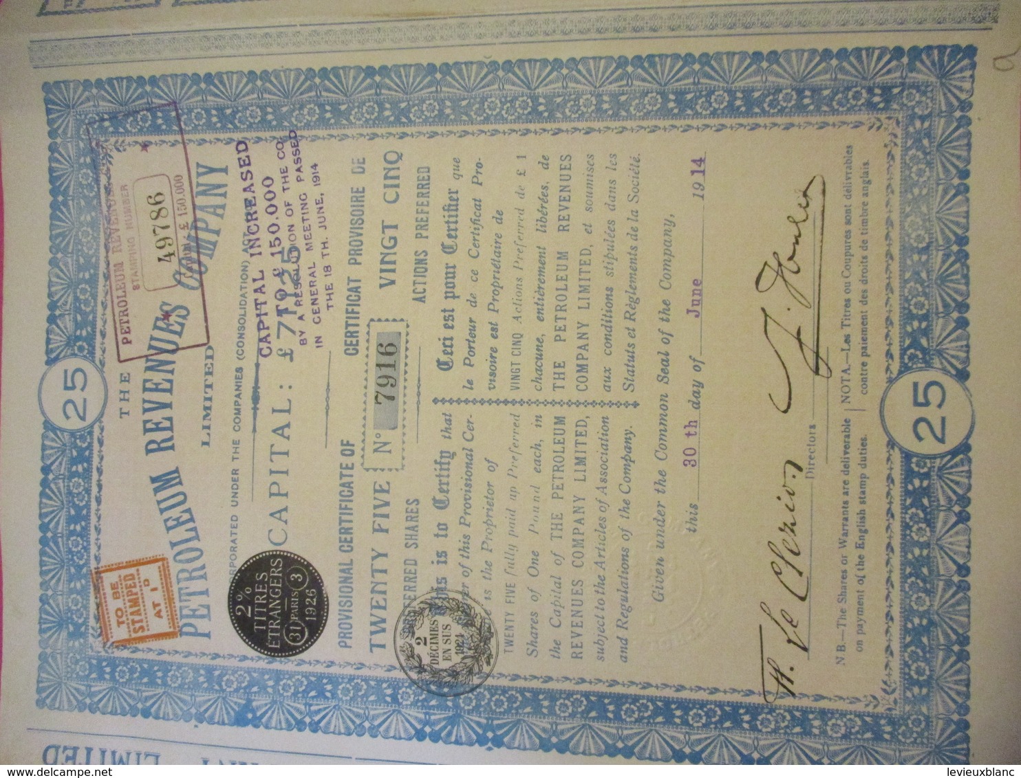 Certificat Provisoire De 25 Actions Preferred / Petroleum Revenues  Company/1914   ACT227 - Pétrole