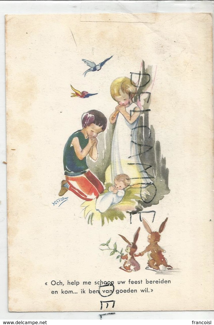 Petit Garçon Et Ange En Adoration Devant L'Enfant-Jésus. Deux Lapins, Oiseaux. Signé Yarrni. - Images Religieuses