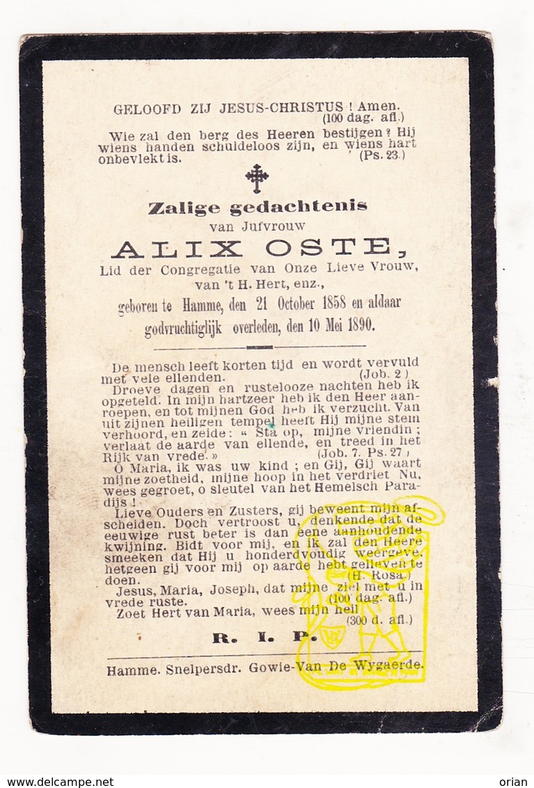 DP Jufvrouw Alix Oste / De Greve 31j. ° Hamme 1858 † 1890 - Images Religieuses