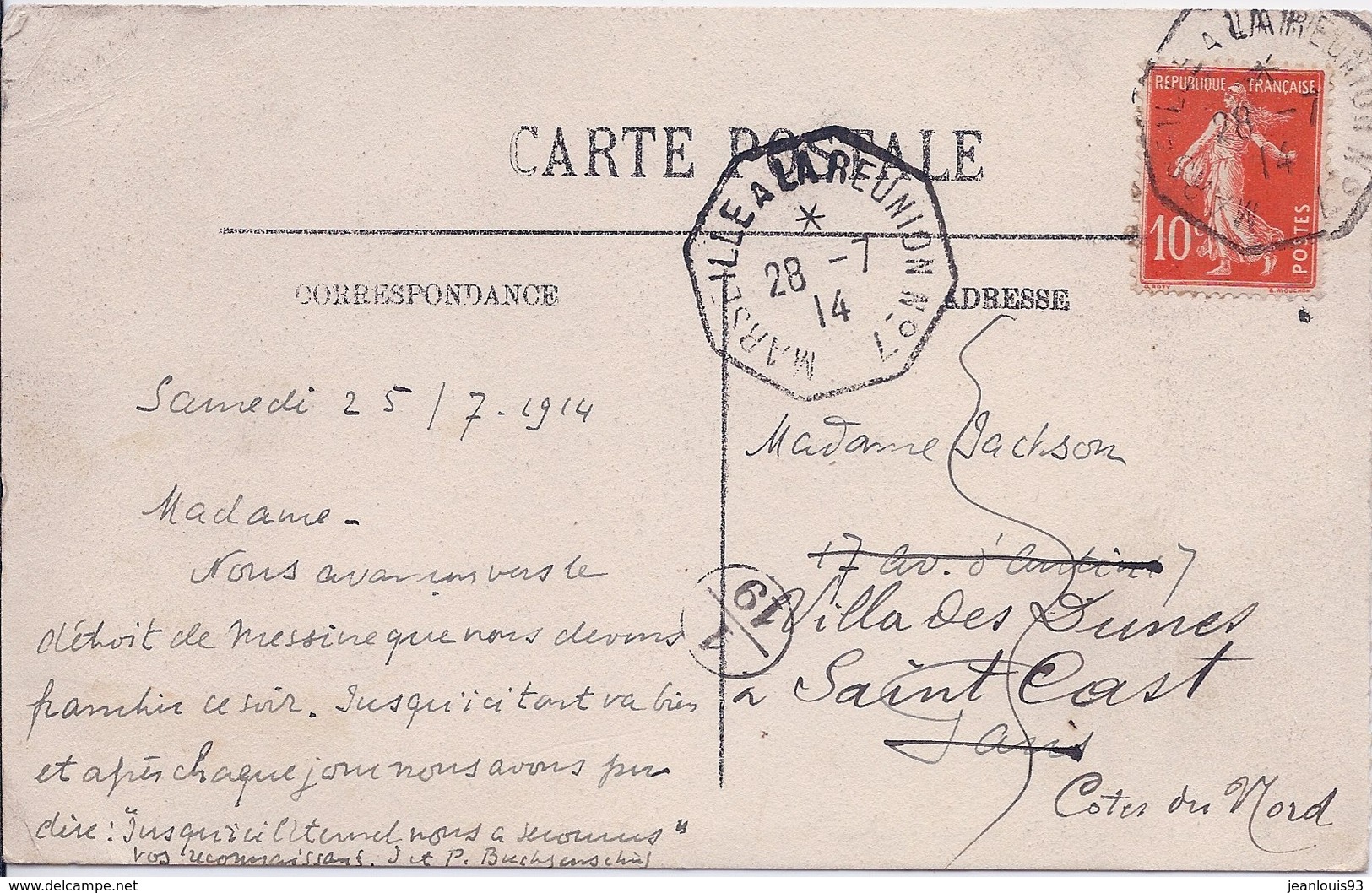 FRANCE - CARTE CACHET MARSEILLE A LA REUNION PLUS CACHET DE FACTEUR 1914 - Lettres & Documents