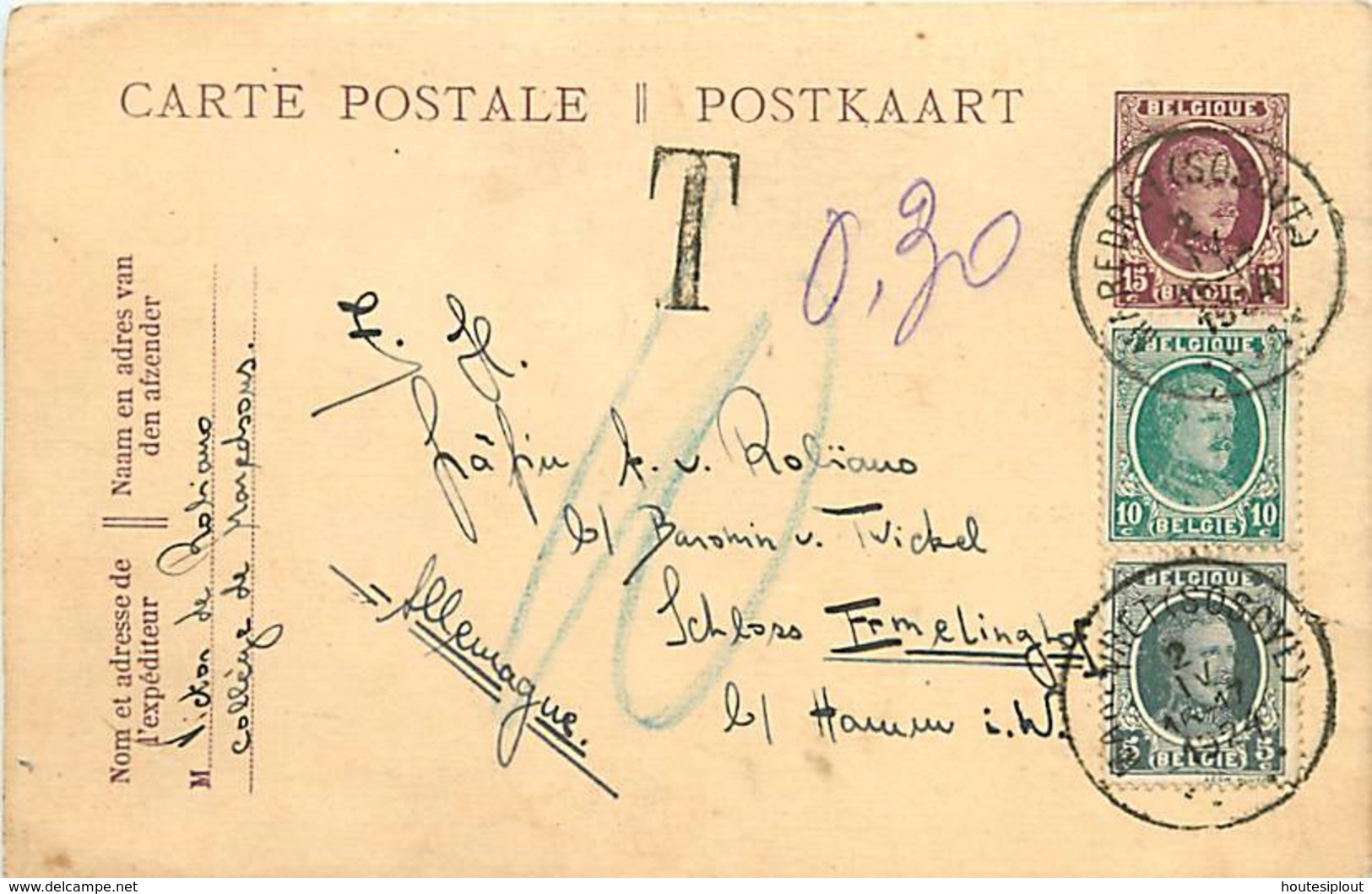 Belgique. CP 68 + TP 193 & 194  Maredret (Sosoye) >Hamm (Allemagne)  Taxée 10 Pfg   2/4/1924  2è J Du Nouveau Tarif - 1922-1927 Houyoux