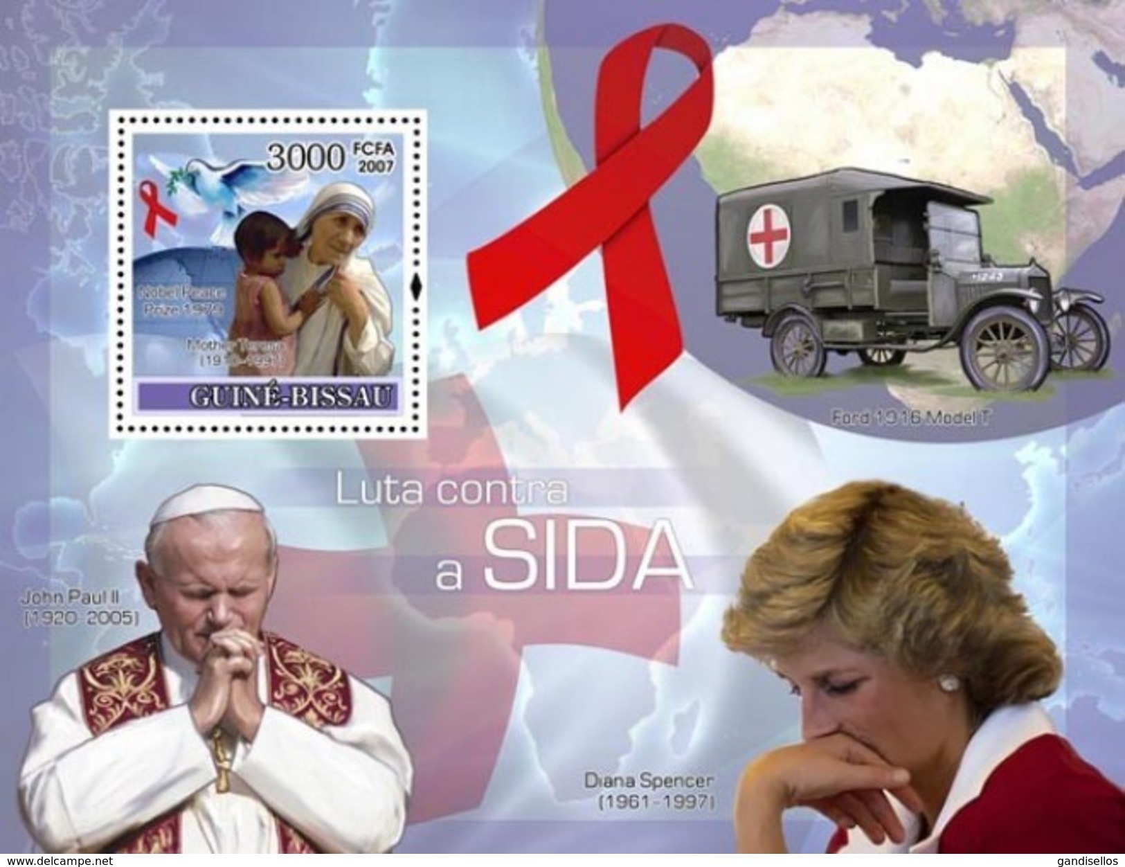 GUINE BISSAU 2007 SHEET FIGHT AIDS SIDA RED CROSS POPE JOHN PAUL PRINCESS DIANA MOTHER TERESA Gb7308b - Guinea-Bissau