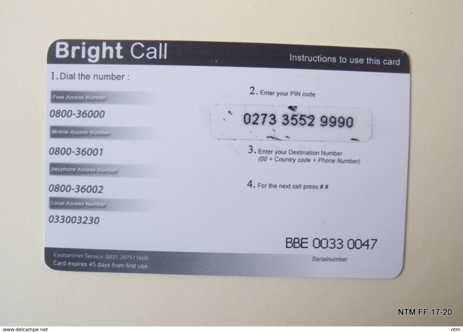 BELGIUM Calling Card - BRIGHT CALL - Pre Paid Card (€5) Used. - [2] Tarjetas Móviles, Recargos & Prepagadas