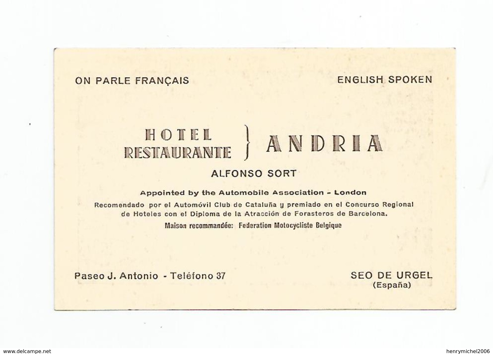 Carte De Visite Espana Hotel Restaurante Andria Seo De Urgel - Visitenkarten