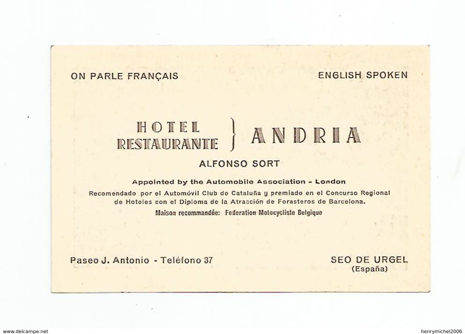 Carte De Visite Espana Hotel Restaurante Andria Seo De Urgel - Cartes De Visite