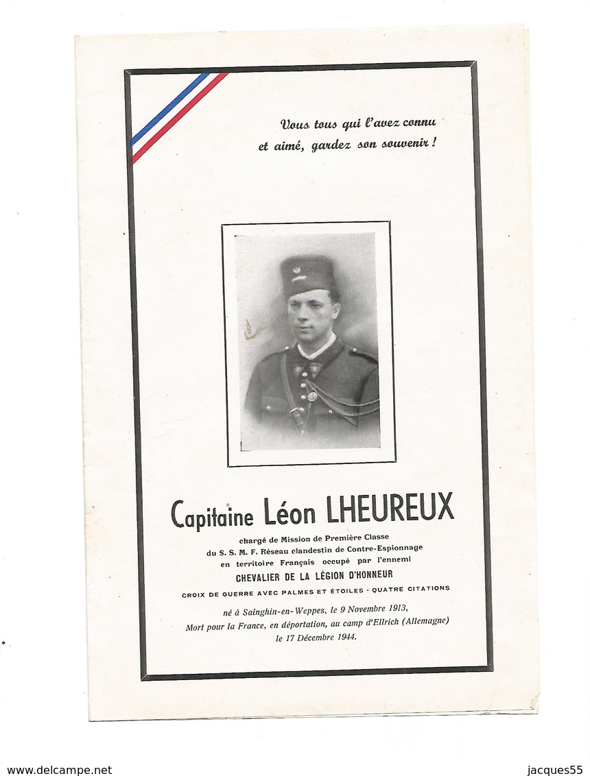 Capitaine Léon Lheureux-mort Pour La France-sainghin-en-weppes-le-17-12-1944-rare - Documents