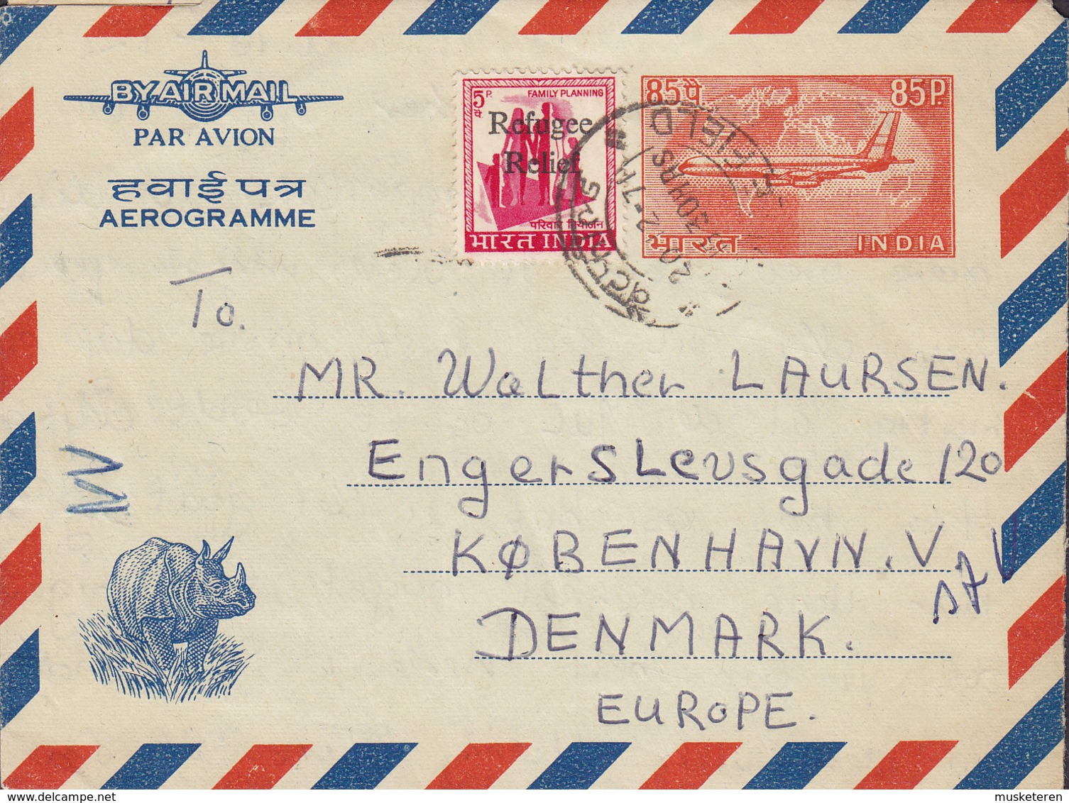 India Airmail Uprated Postal Stationery Ganzsache Aerogramme WHITEFIELD 1971 Denmark Rhinoceros Cachet & Refugee Relief - Aerogramme