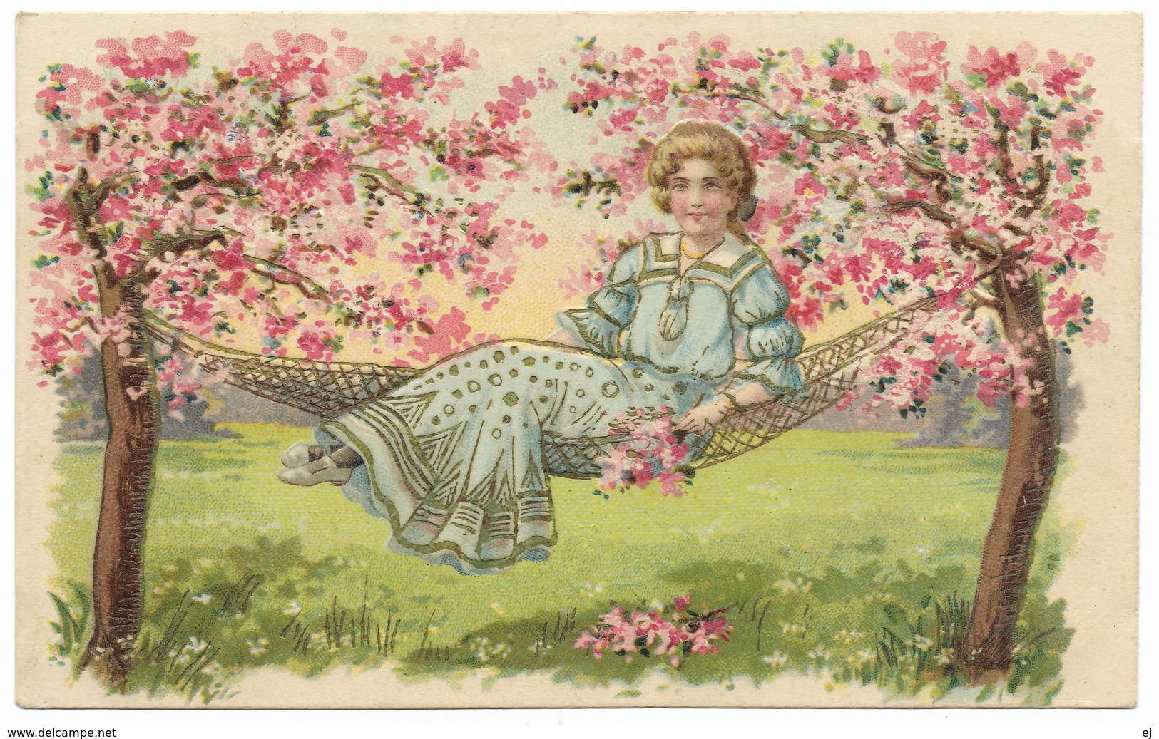 Woman In Hammock Spring Blossom On Trees - 1906 - Embossed & Gilded - Women