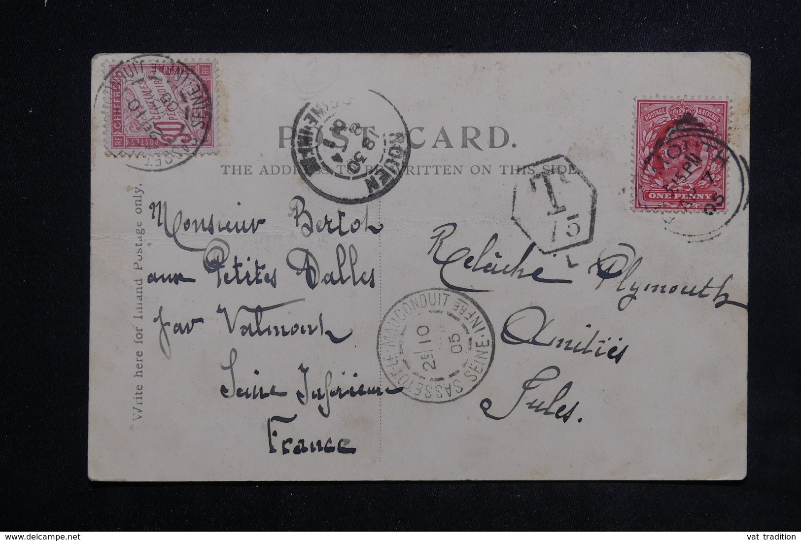 FRANCE - Taxe De Sassetot-le-Mauconduit Sur Carte Postale De Plymouth En 1905 - L 22496 - 1859-1959 Lettres & Documents