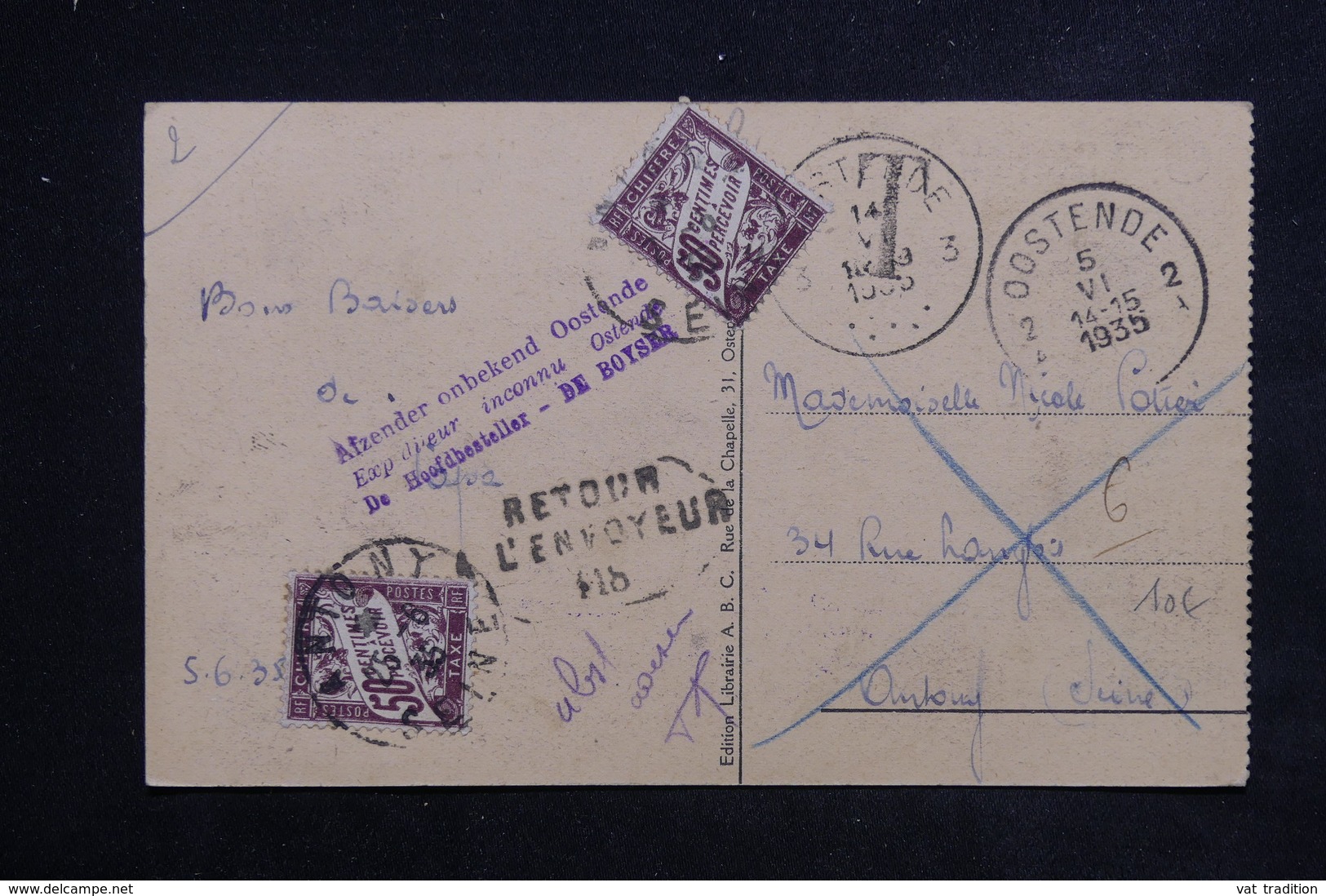 FRANCE - Taxes De Antony Sur Carte Postale De Ostende En 1935 - L 22497 - 1859-1959 Lettres & Documents