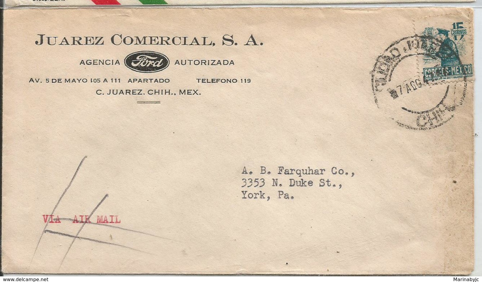 J) 1942 MEXICO, COMMERCIAL LETTER, FORD, MAILMAN, AIRMAIL, CIRCULATED COVER, FROM CHIHUAHUA TO NEW YORK - Mexico