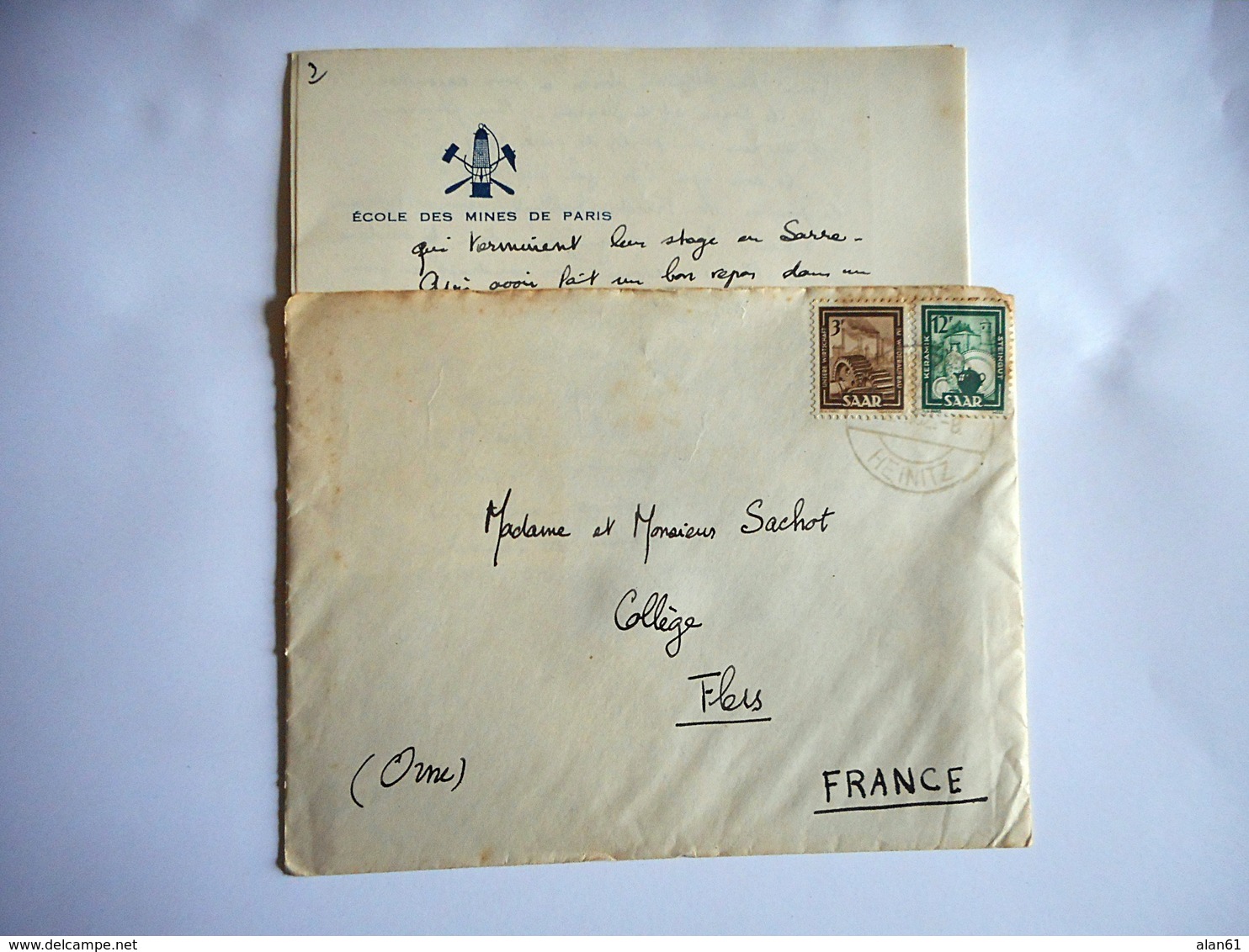 LETTRE MANUSCRITE En Tete ECOLE DES MINES DE PARIS En Voir D' Allemagne SARRE Pour FLERS DANS L' ORNE Date 1952 - Manuscrits