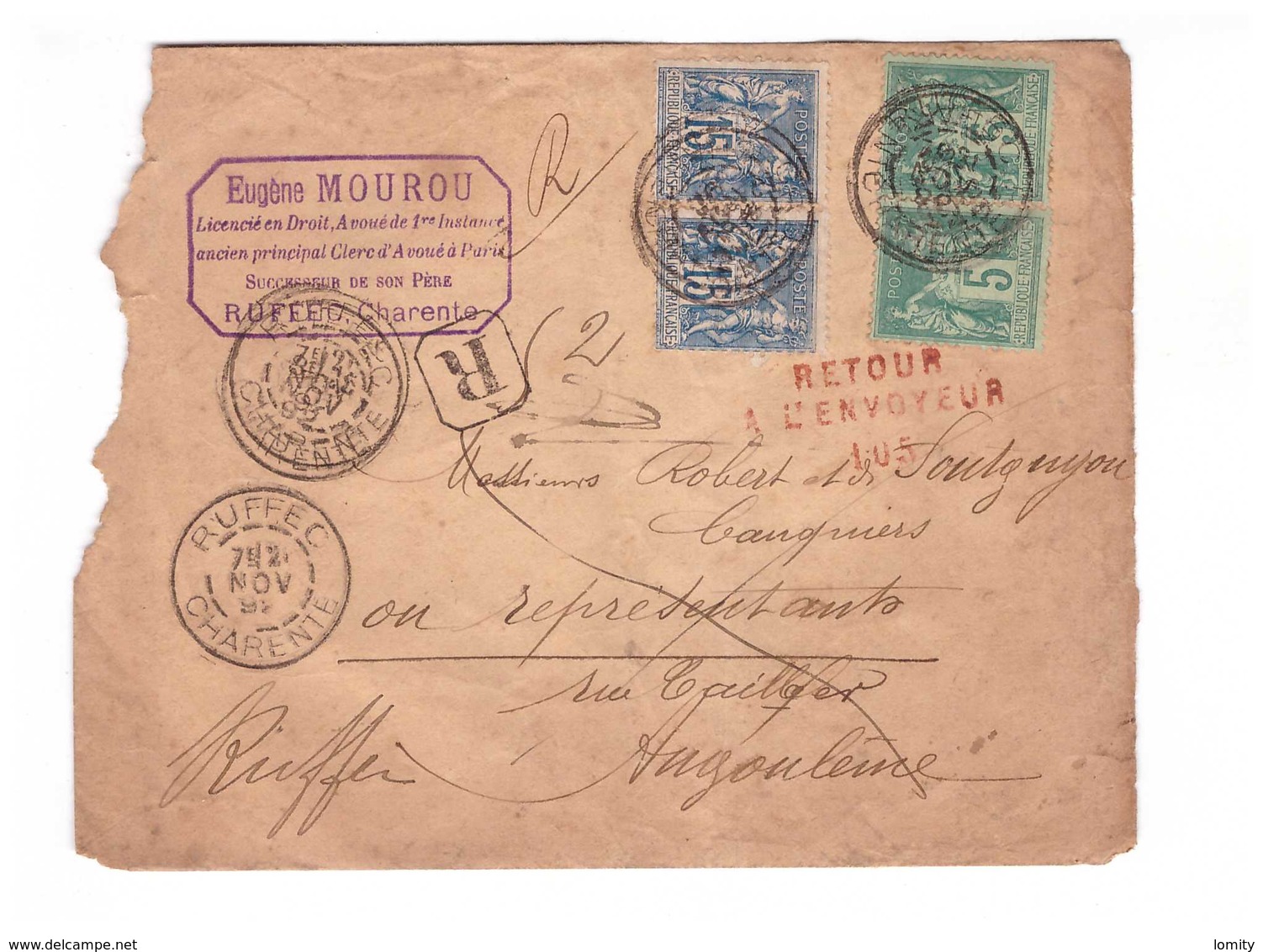 Lettre 1892 Avec Cachet Rouge Retour à L' Envoyeur 105 Angouleme Ruffec Charente 4 Timbres Type Sage N°75 Et 90 - 1877-1920: Période Semi Moderne