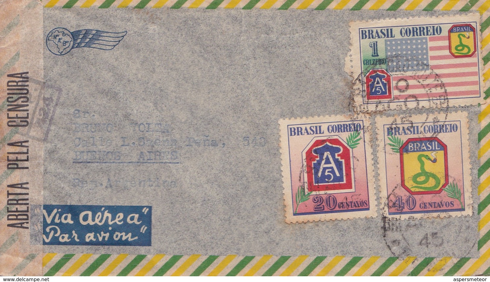 AIRMAIL CIRCULEE 1954 SAO PAULO A BUENOS AIRES. ABERTA PELA CENSURA, AVION ATRASADO, AUTRES MARQUES - BLEUP - Poste Aérienne