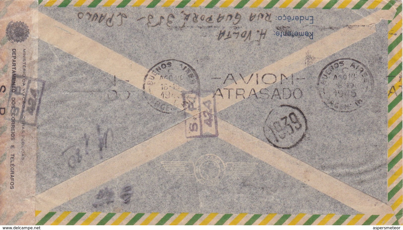 AIRMAIL CIRCULEE 1954 SAO PAULO A BUENOS AIRES. ABERTA PELA CENSURA, AVION ATRASADO, AUTRES MARQUES - BLEUP - Poste Aérienne