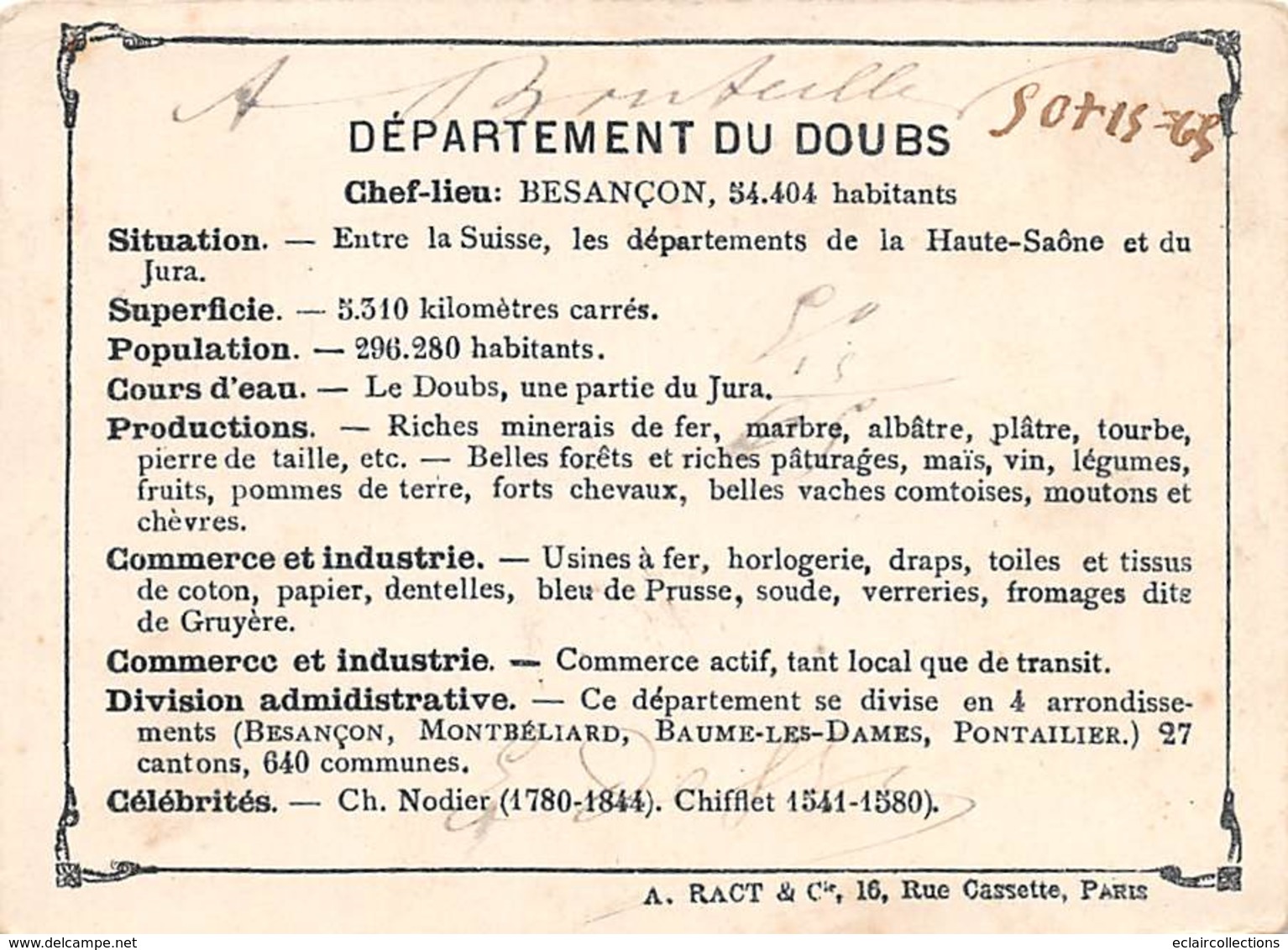 Département Du Doubs          25      Image Du Département. 11.5x8.5.      Cuvier            (voir Scan) - Otros & Sin Clasificación