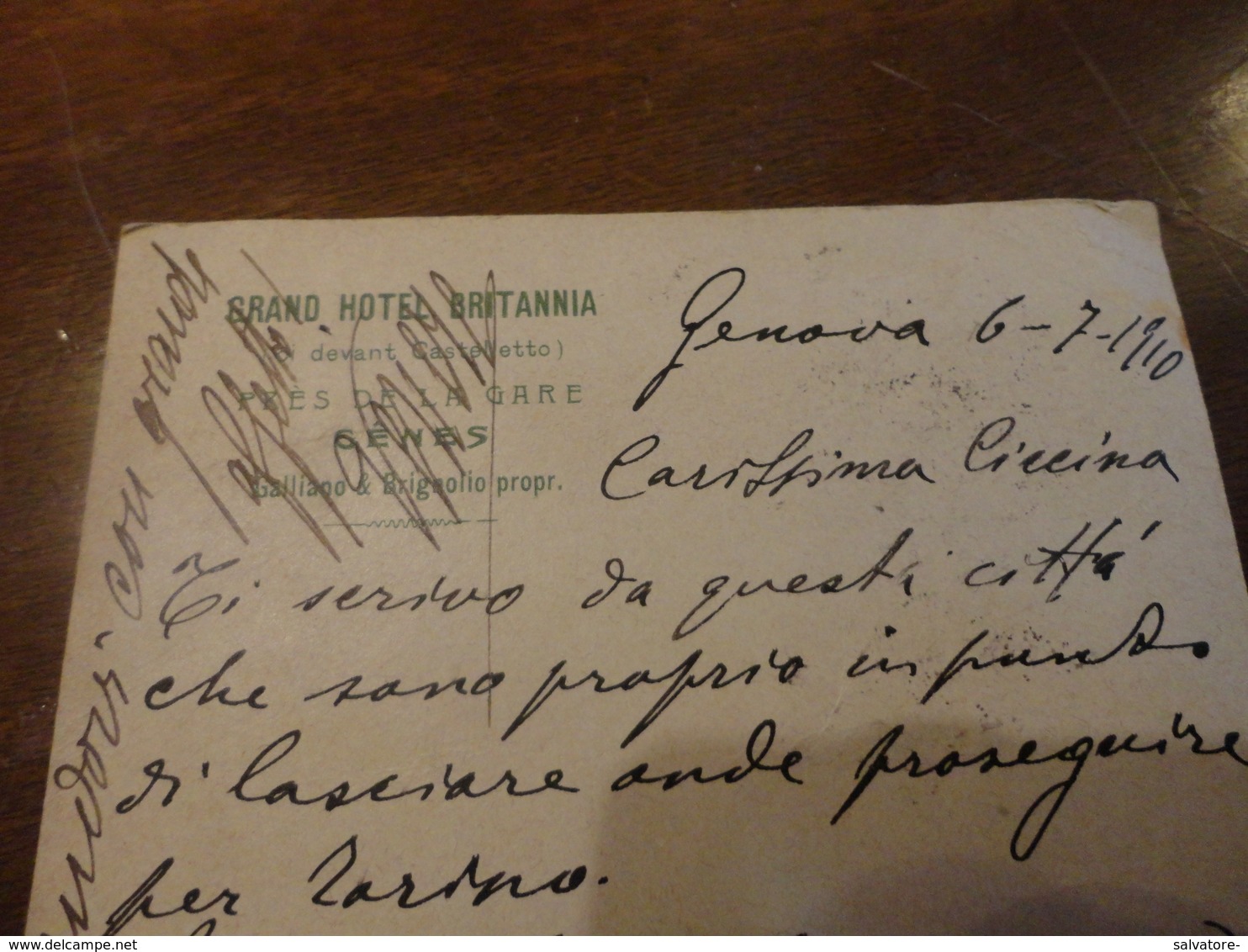 CARTOLINA PUBBLICITARIA GRAND HOTEL BRITANNIA  GENOVA VIAGGIATA CON COPPIA 5 CENTESIMI-1910 - Alberghi & Ristoranti